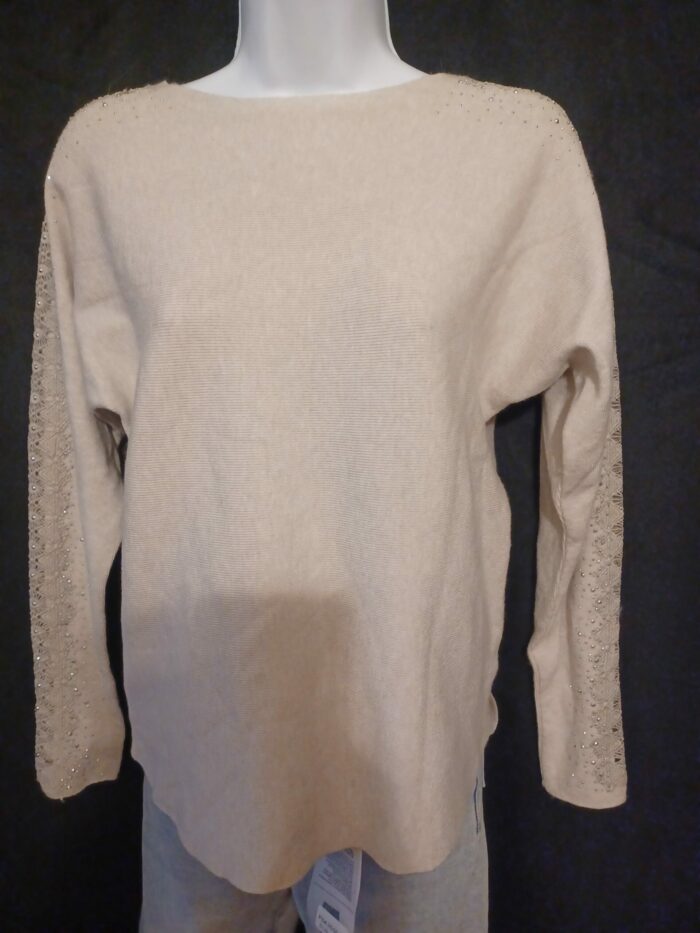 Pull fin femme Mark Maglificio taille unique, beige avec strass et dentelle, neuf