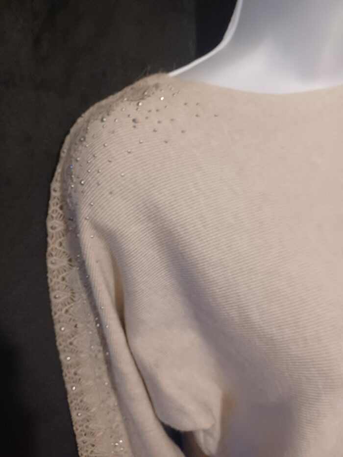 Pull fin femme Mark Maglificio taille unique, beige avec strass et dentelle, neuf – Image 2