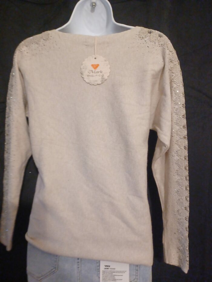Pull fin femme Mark Maglificio taille unique, beige avec strass et dentelle, neuf – Image 4