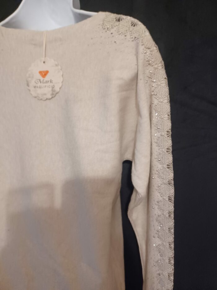 Pull fin femme Mark Maglificio taille unique, beige avec strass et dentelle, neuf – Image 5