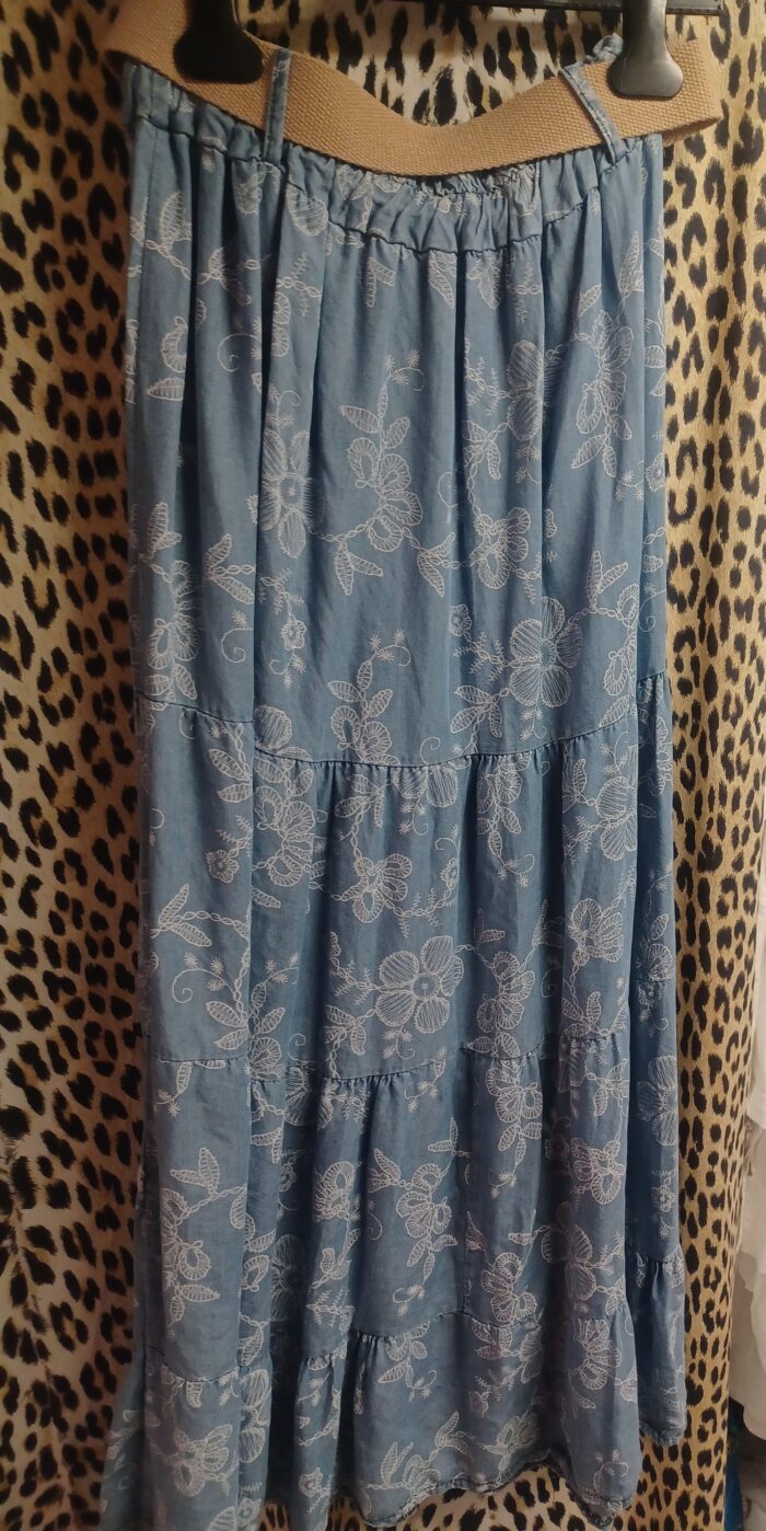 Jupe longue avec imprimés  fleurs en denim souple taille unique, femme, New Collection – Image 4