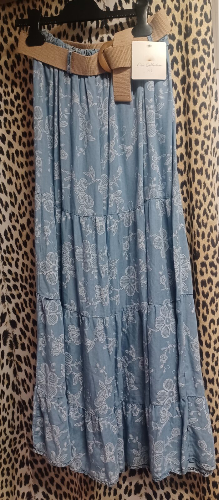 Jupe longue avec imprimés  fleurs en denim souple taille unique, femme, New Collection
