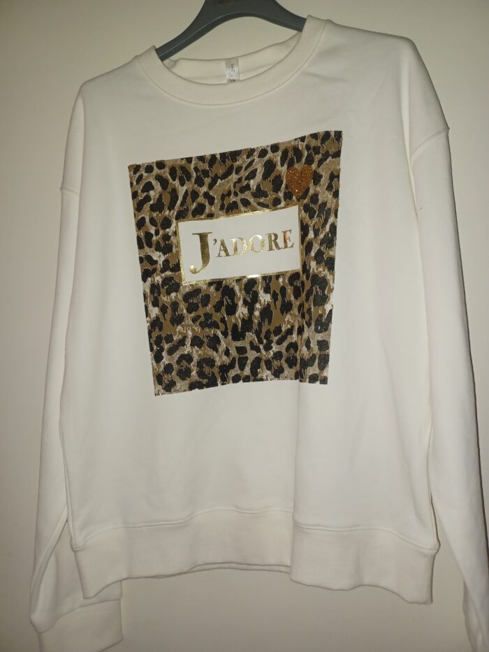 Sweat/pull femme de la marque Y.Two, taille unique, motif Blanc et Léopard, J'adore – Image 5