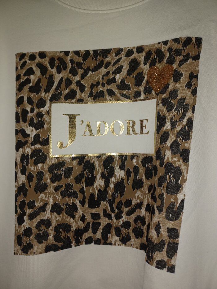 Sweat/pull femme de la marque Y.Two, taille unique, motif Blanc et Léopard, J'adore – Image 4