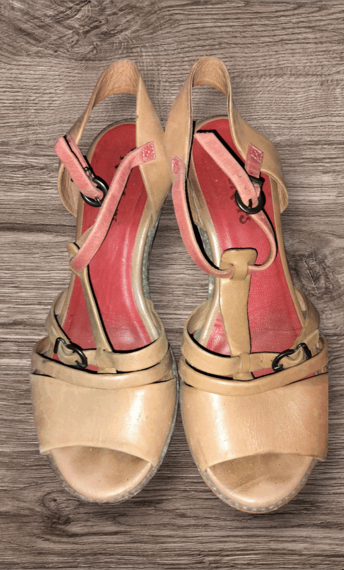 Sandales à talons compensées ,kickers femme, en cuir, taille 38, beige et rose