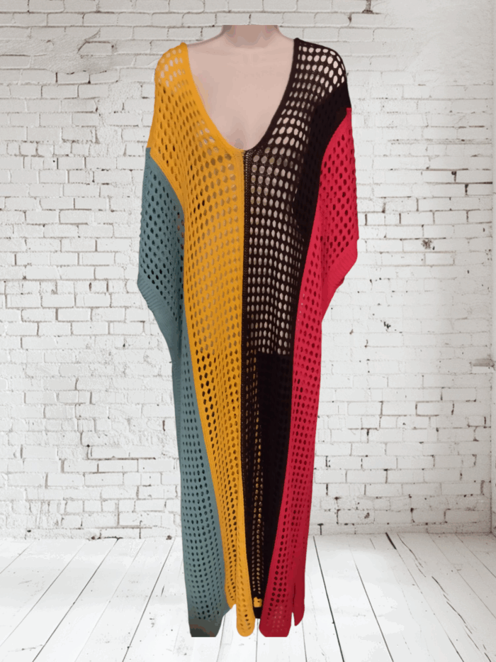 Robe de plage tricotée en crochet pour femme taille 3XL, XXXL multicolore- Robe de plage décontractée