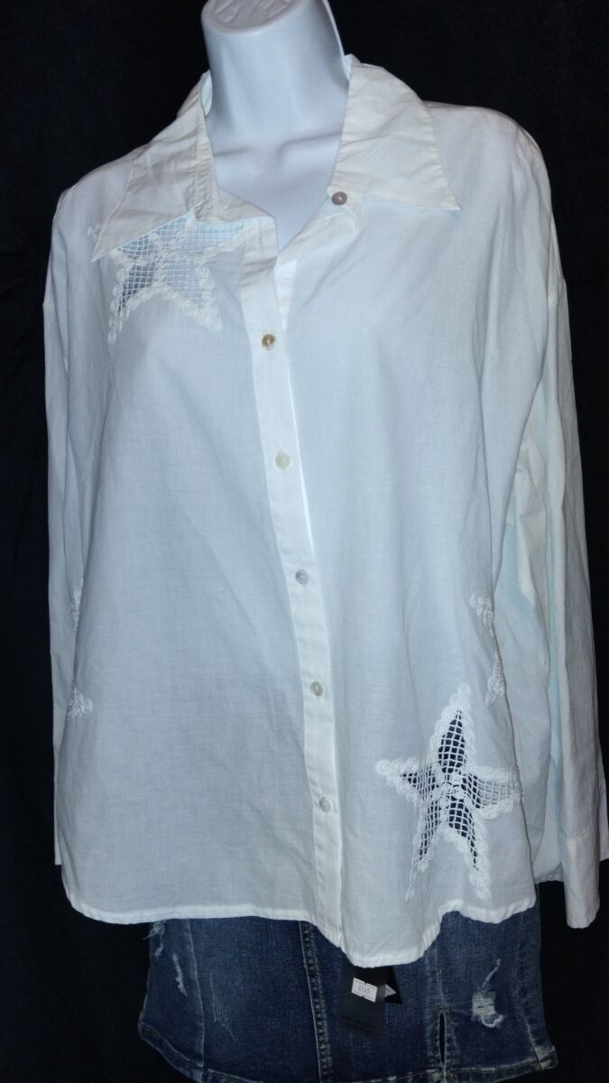 Chemise manches longues blanche, femme avec étoiles brodées au crochet, Valeria Moda, taille unique, neuf