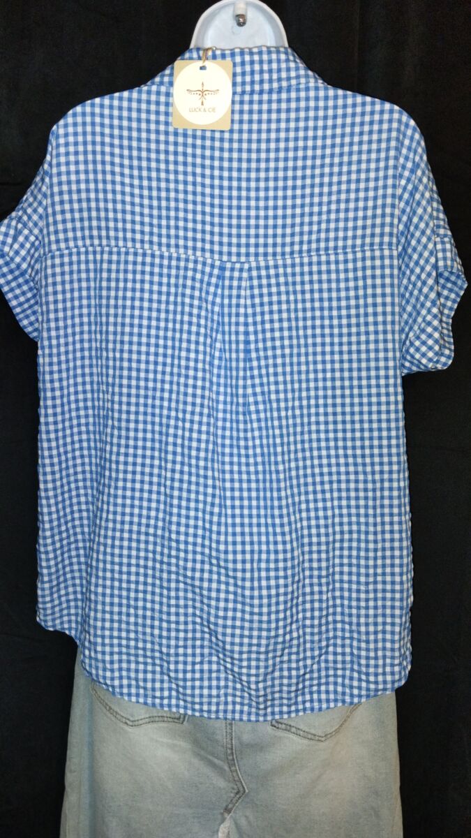 Chemisier à petits carreaux vichy, bleu et blanc, neuf avec étiquette, Luck & Cie, taille unique – Image 2
